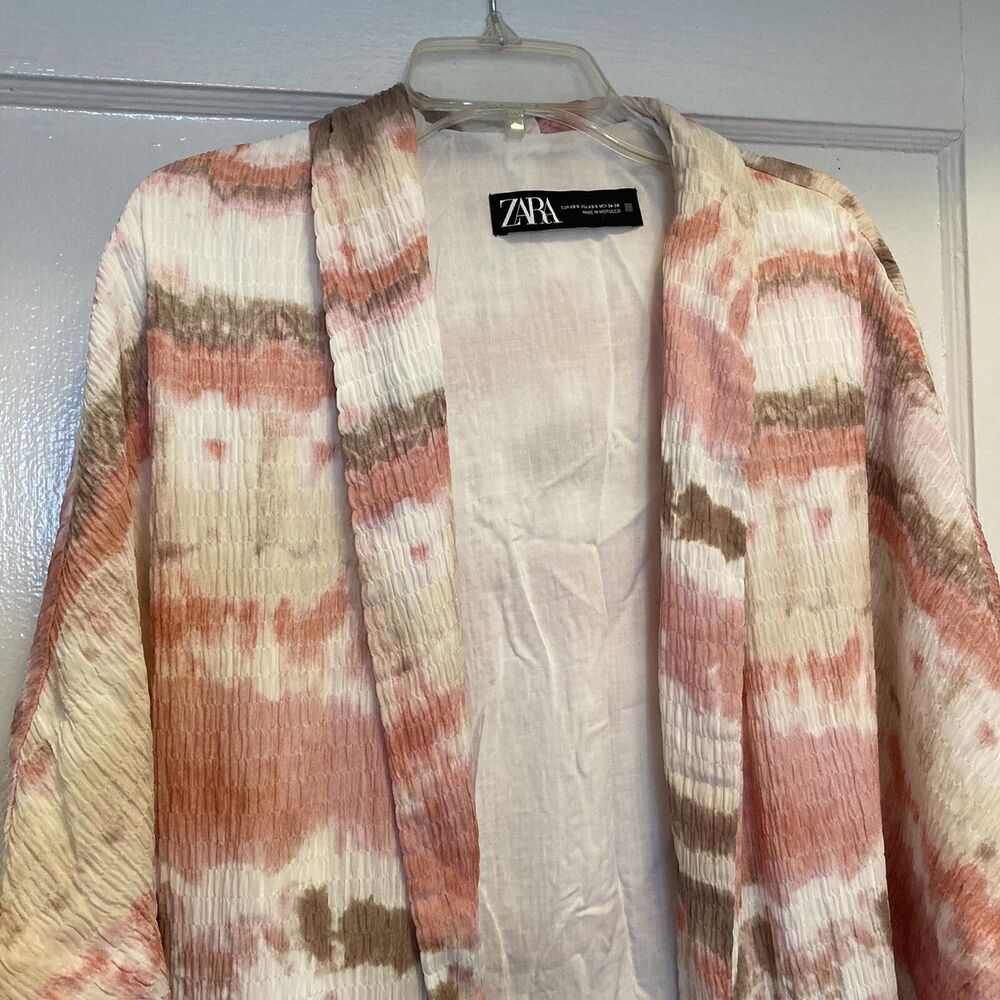 Zara Kimono Pink Tie Dye Smocked Waffle Style Lined Size XS Beachy Boho Chic - Picture 3 of 16